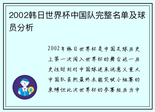 2002韩日世界杯中国队完整名单及球员分析
